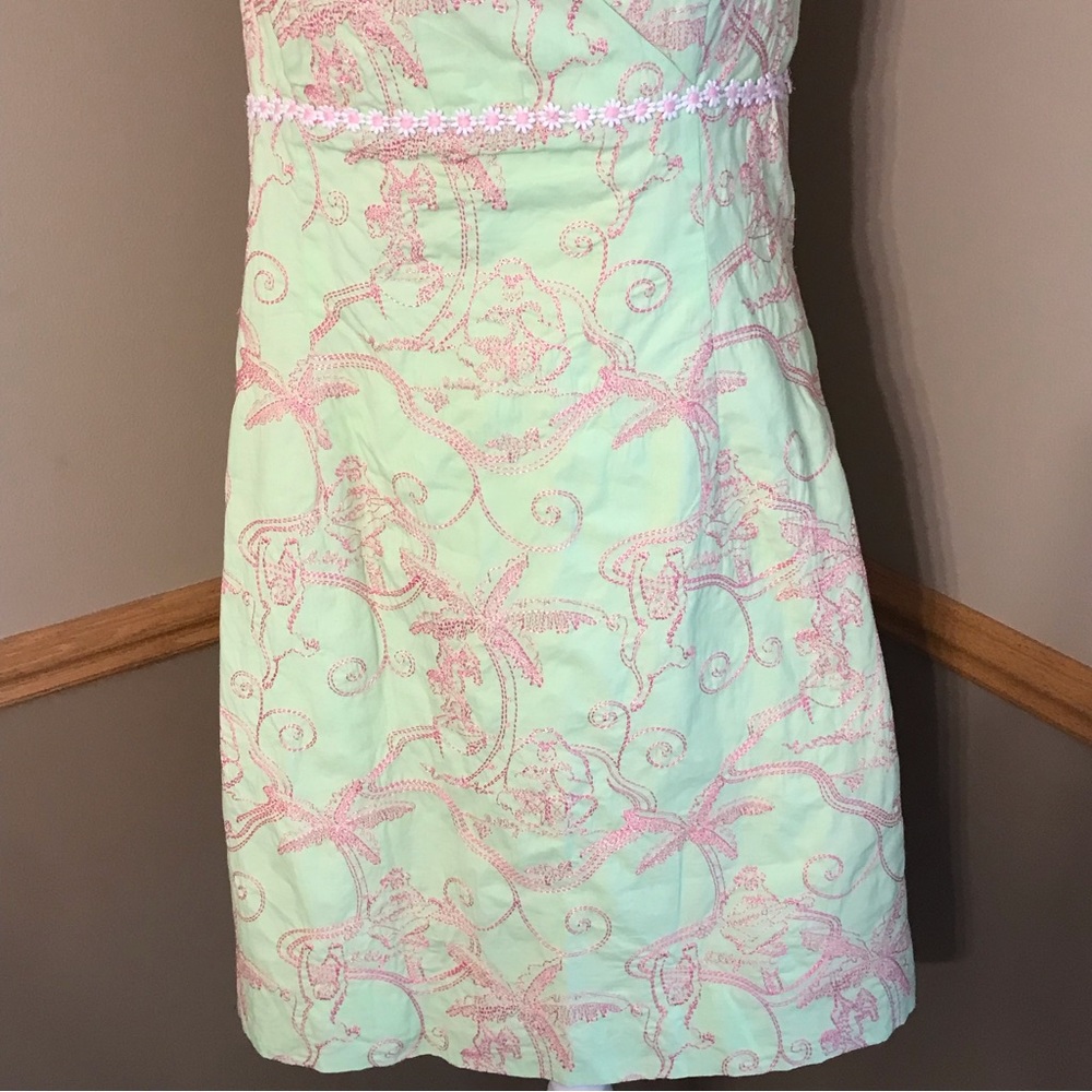 VTG Lilly Pulitzer Green Pink Floral Monkey Embroidered Sleeveless Dress Size 6 - Picture 3 of 7